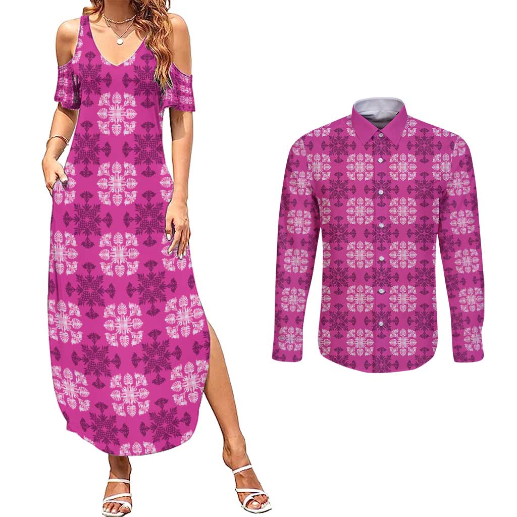 Pink Hawaiian Quilt Couples Matching Summer Maxi Dress and Long Sleeve Button Shirt Hawaii Pineapple Monstera Palaka Motifs - Polynesian Pride