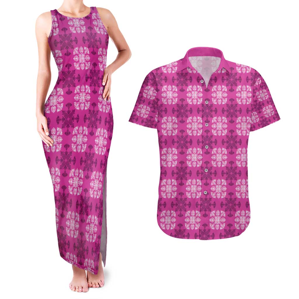 Pink Hawaiian Quilt Couples Matching Tank Maxi Dress and Hawaiian Shirt Hawaii Pineapple Monstera Palaka Motifs - Polynesian Pride