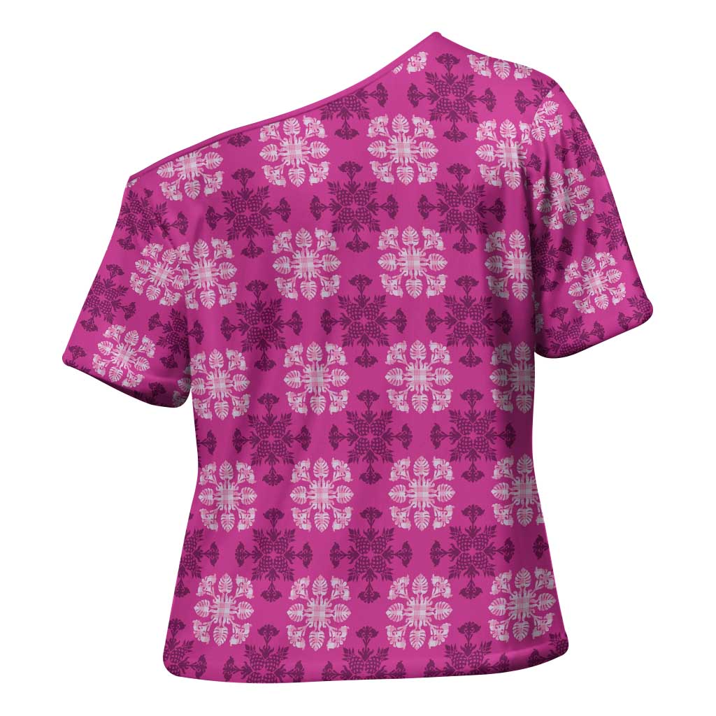 Pink Hawaiian Quilt Cross Shoulder Shirt Hawaii Pineapple Monstera Palaka Motifs - Polynesian Pride