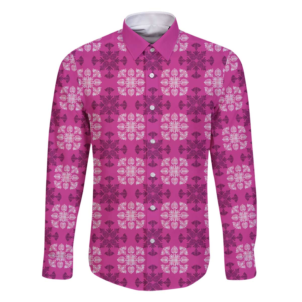 Pink Hawaiian Quilt Family Matching Off The Shoulder Long Sleeve Dress and Hawaiian Shirt Hawaii Pineapple Monstera Palaka Motifs - Polynesian Pride