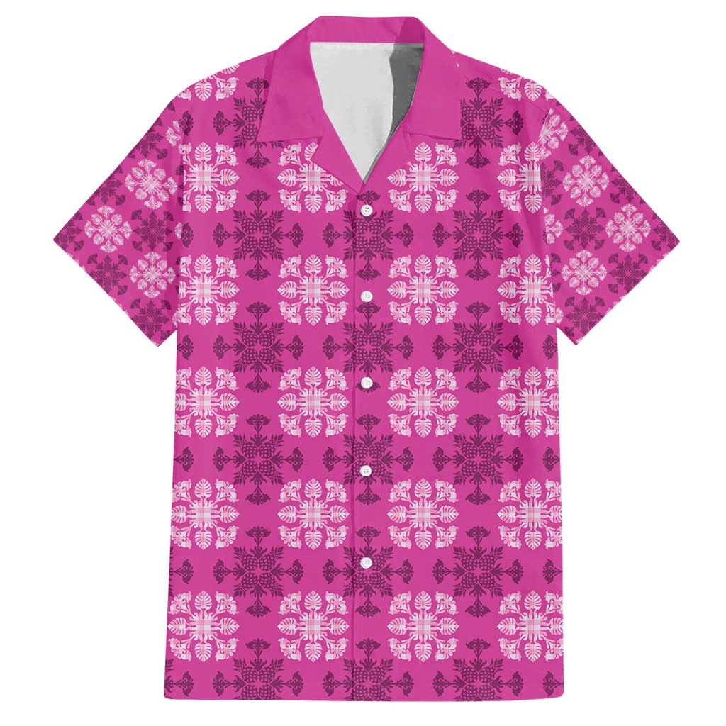 Pink Hawaiian Quilt Family Matching Off Shoulder Maxi Dress and Hawaiian Shirt Hawaii Pineapple Monstera Palaka Motifs - Polynesian Pride