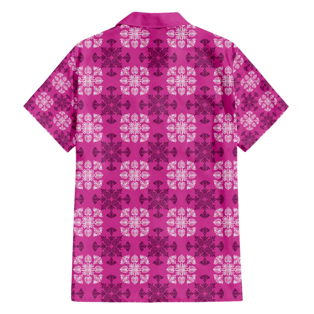 Pink Hawaiian Quilt Family Matching Off Shoulder Short Dress and Hawaiian Shirt Hawaii Pineapple Monstera Palaka Motifs - Polynesian Pride