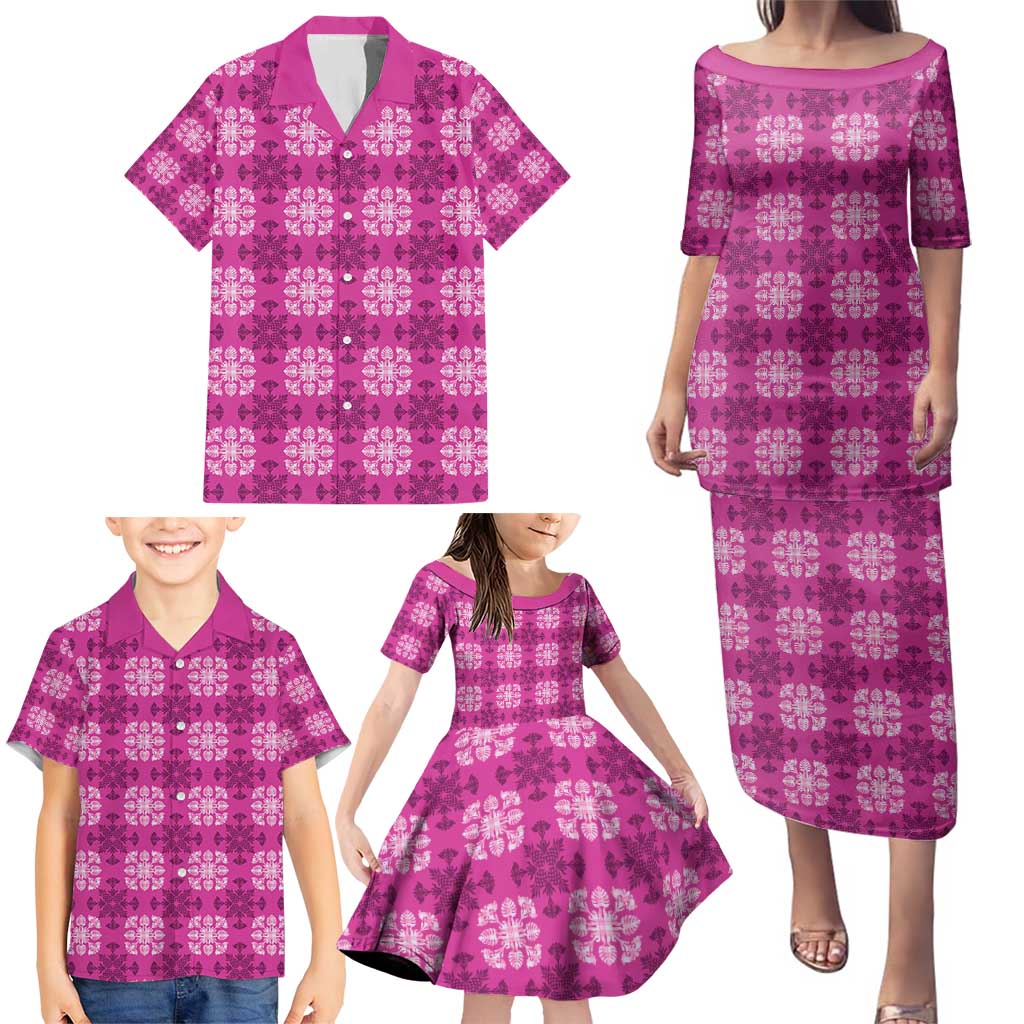 Pink Hawaiian Quilt Family Matching Puletasi and Hawaiian Shirt Hawaii Pineapple Monstera Palaka Motifs - Polynesian Pride