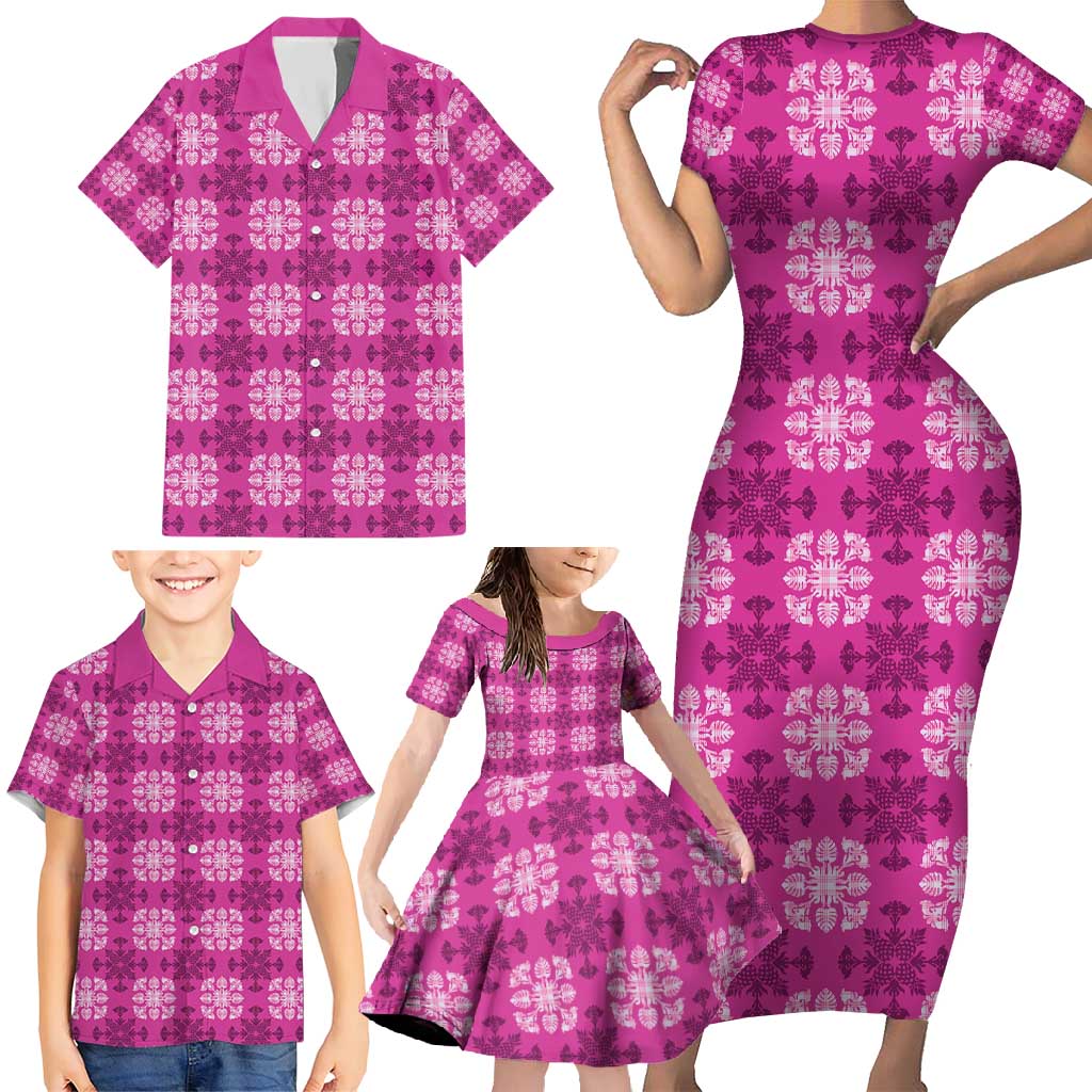 Pink Hawaiian Quilt Family Matching Short Sleeve Bodycon Dress and Hawaiian Shirt Hawaii Pineapple Monstera Palaka Motifs - Polynesian Pride