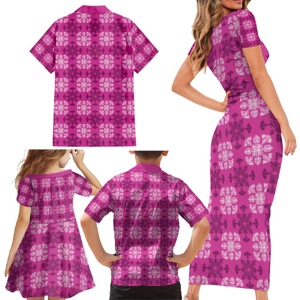 Pink Hawaiian Quilt Family Matching Short Sleeve Bodycon Dress and Hawaiian Shirt Hawaii Pineapple Monstera Palaka Motifs - Polynesian Pride