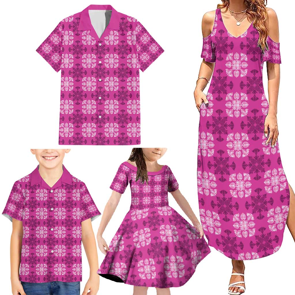 Pink Hawaiian Quilt Family Matching Summer Maxi Dress and Hawaiian Shirt Hawaii Pineapple Monstera Palaka Motifs - Polynesian Pride