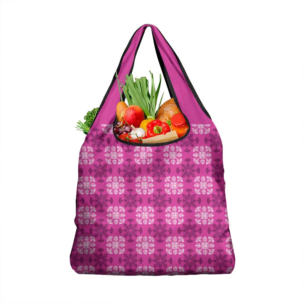 Pink Hawaiian Quilt Grocery Bag Hawaii Pineapple Monstera Palaka Motifs - Polynesian Pride