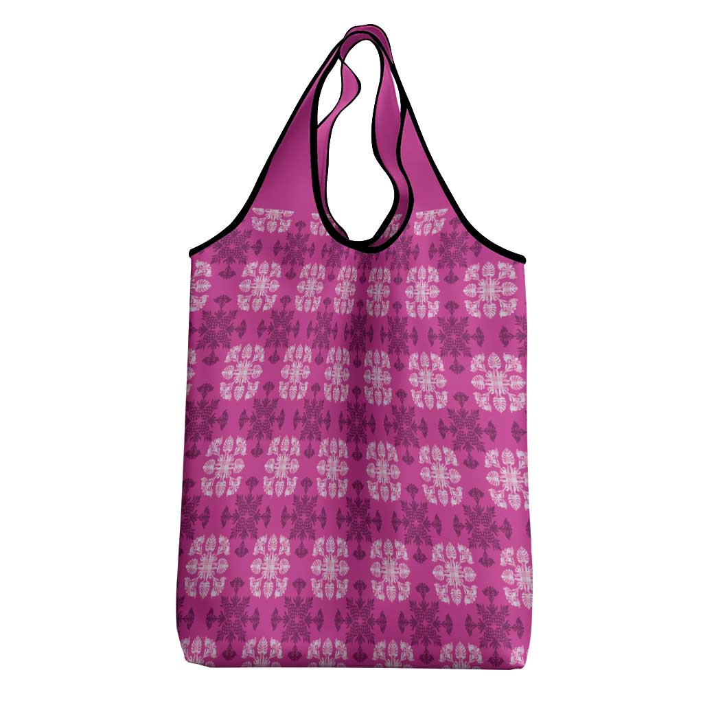 Pink Hawaiian Quilt Grocery Bag Hawaii Pineapple Monstera Palaka Motifs - Polynesian Pride