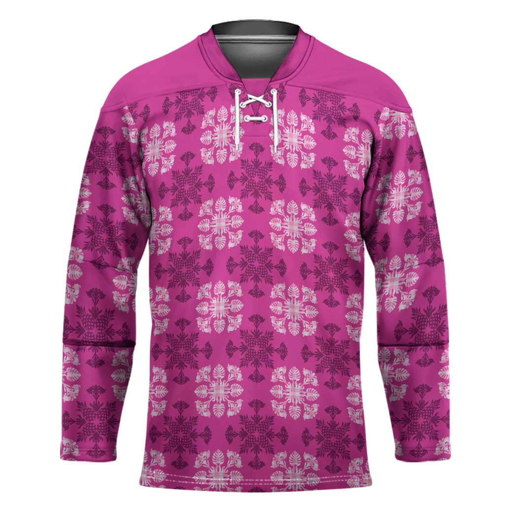 Pink Hawaiian Quilt Hockey Jersey Hawaii Pineapple Monstera Palaka Motifs - Polynesian Pride