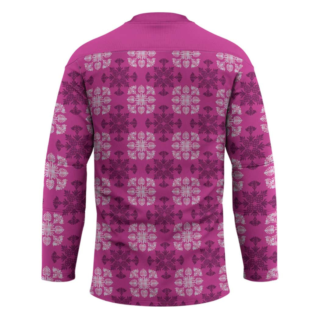 Pink Hawaiian Quilt Hockey Jersey Hawaii Pineapple Monstera Palaka Motifs - Polynesian Pride