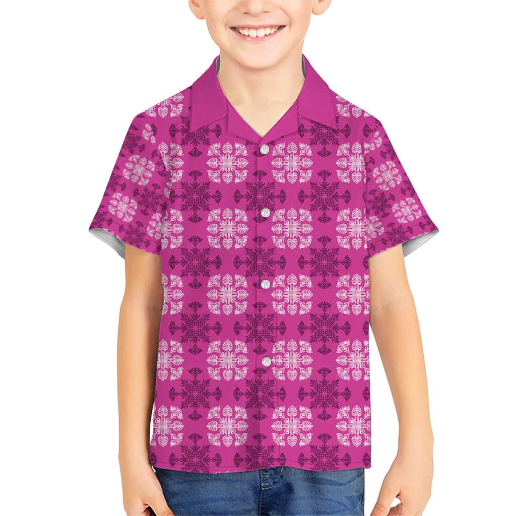 Pink Hawaiian Quilt Kid Hawaiian Shirt Hawaii Pineapple Monstera Palaka Motifs - Polynesian Pride