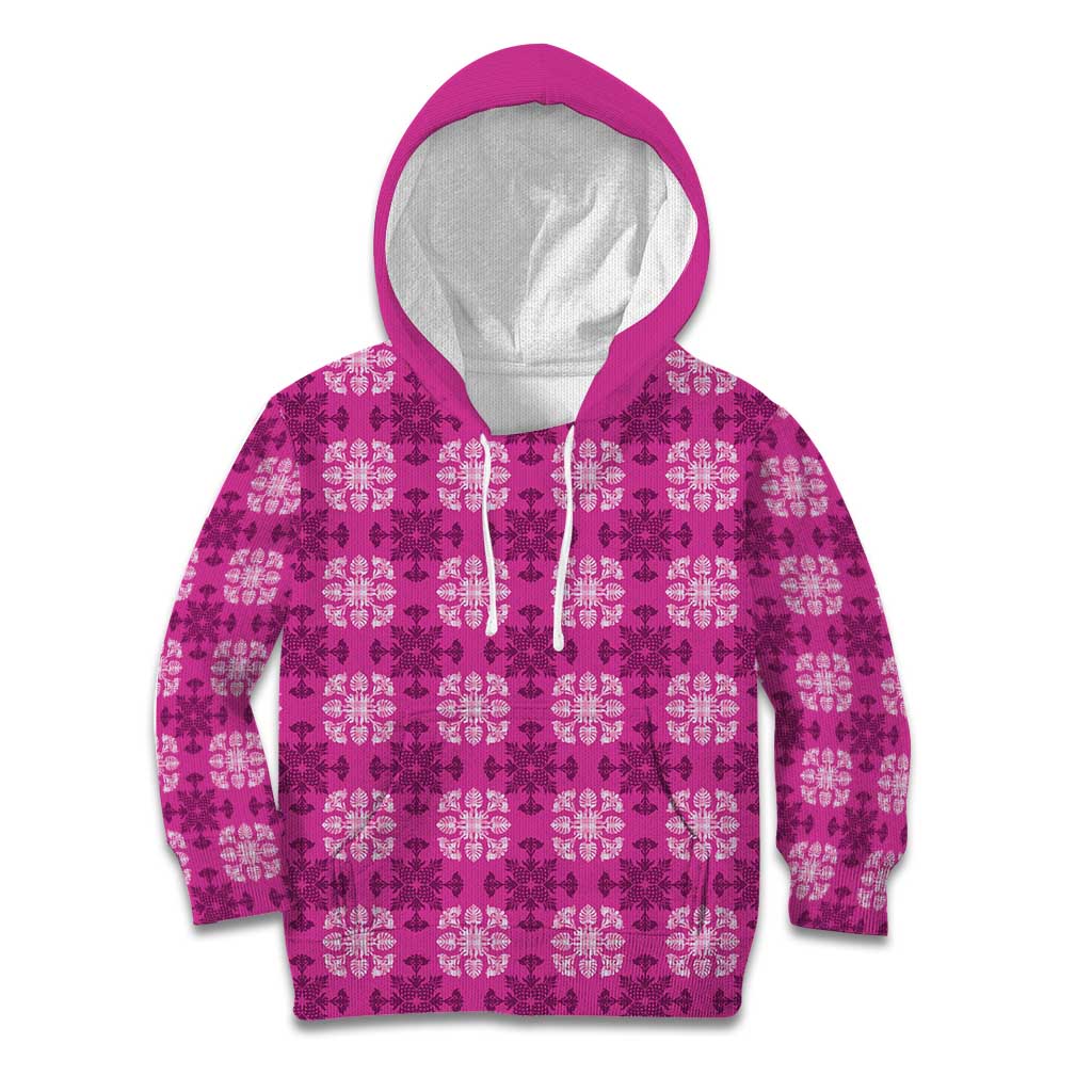 Pink Hawaiian Quilt Kid Hoodie Hawaii Pineapple Monstera Palaka Motifs - Polynesian Pride
