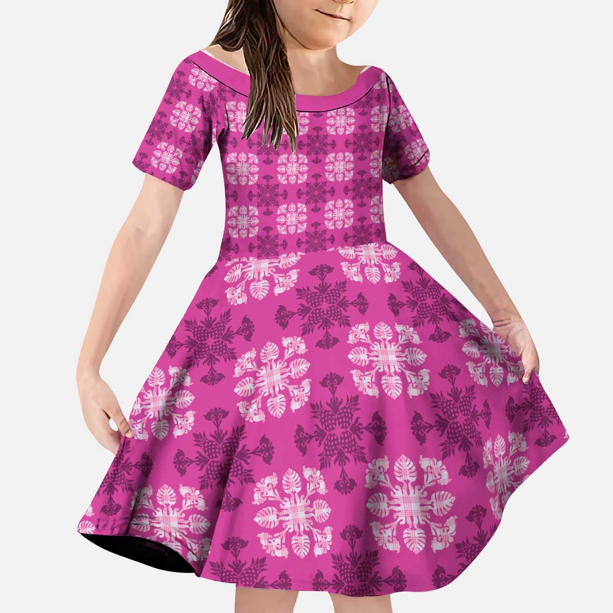 Pink Hawaiian Quilt Kid Short Sleeve Dress Hawaii Pineapple Monstera Palaka Motifs - Polynesian Pride