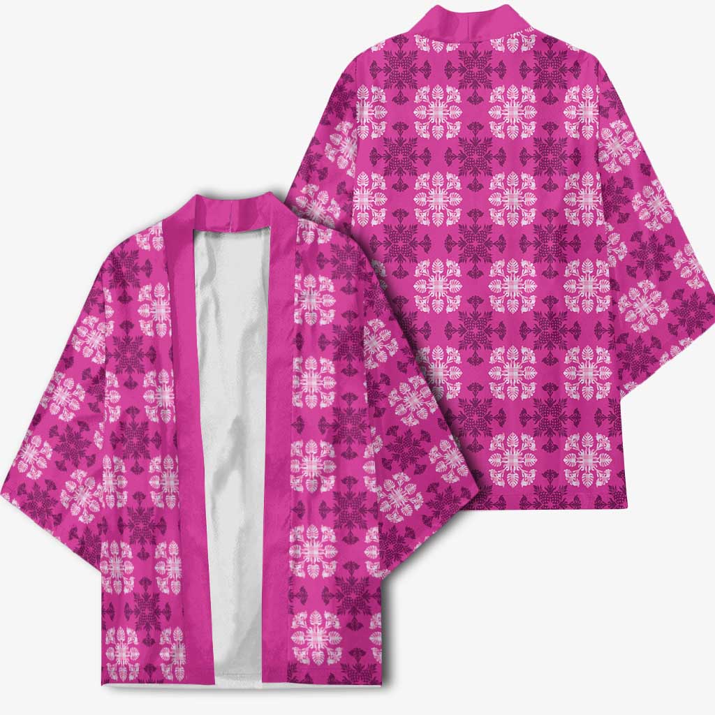Pink Hawaiian Quilt Kimono Hawaii Pineapple Monstera Palaka Motifs - Polynesian Pride