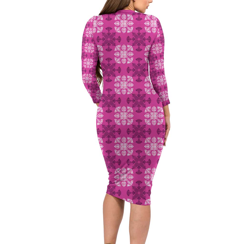 Pink Hawaiian Quilt Long Sleeve Bodycon Dress Hawaii Pineapple Monstera Palaka Motifs - Polynesian Pride