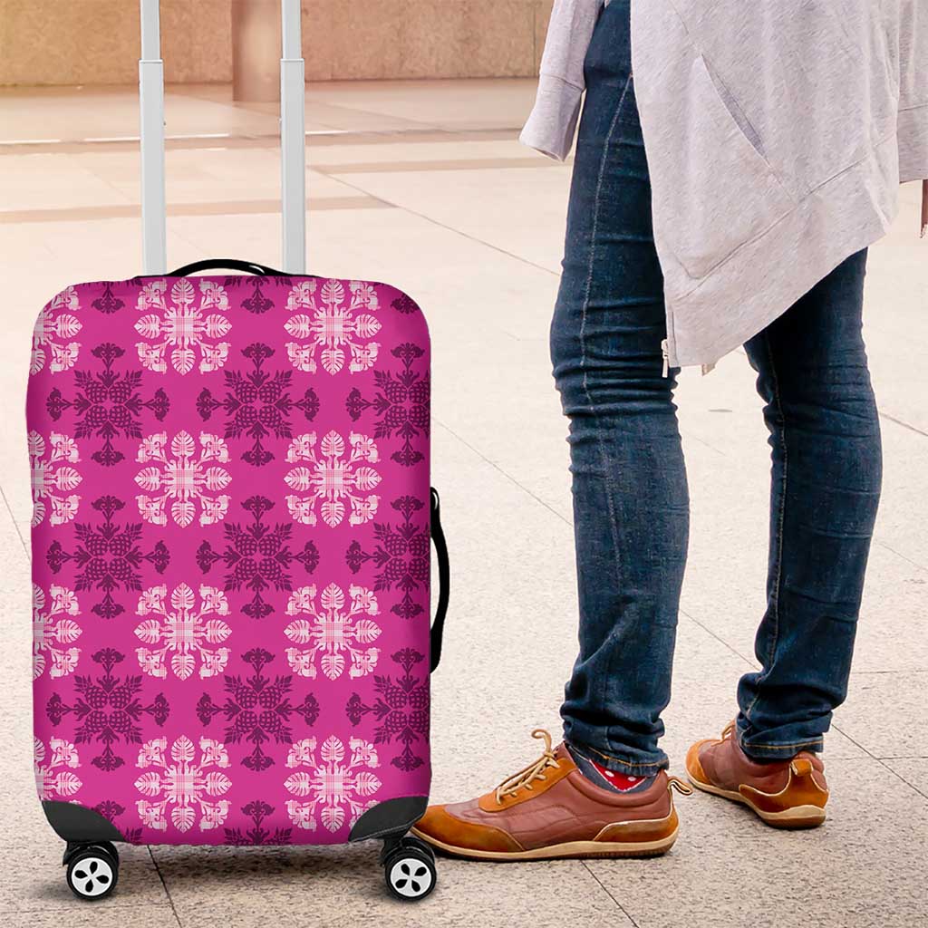Pink Hawaiian Quilt Luggage Cover Hawaii Pineapple Monstera Palaka Motifs - Polynesian Pride