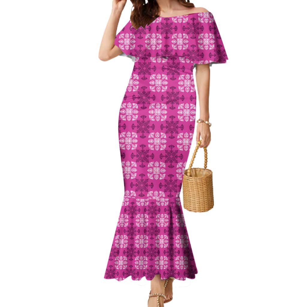 Pink Hawaiian Quilt Mermaid Dress Hawaii Pineapple Monstera Palaka Motifs - Polynesian Pride