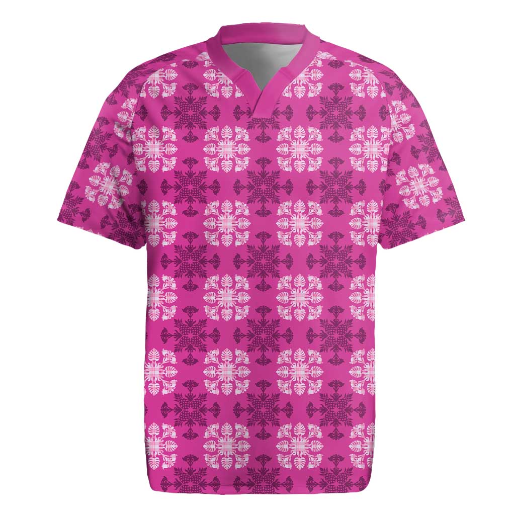 Pink Hawaiian Quilt Rugby Jersey Hawaii Pineapple Monstera Palaka Motifs - Polynesian Pride