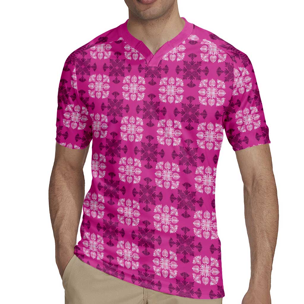 Pink Hawaiian Quilt Rugby Jersey Hawaii Pineapple Monstera Palaka Motifs - Polynesian Pride