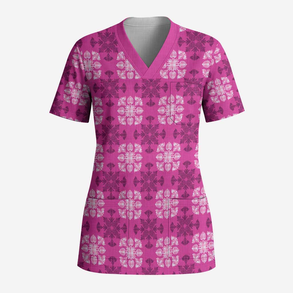 Pink Hawaiian Quilt Scrub Top Hawaii Pineapple Monstera Palaka Motifs LT14 Adult Pink - Polynesian Pride