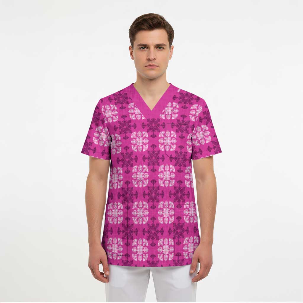 Pink Hawaiian Quilt Scrub Top Hawaii Pineapple Monstera Palaka Motifs - Polynesian Pride