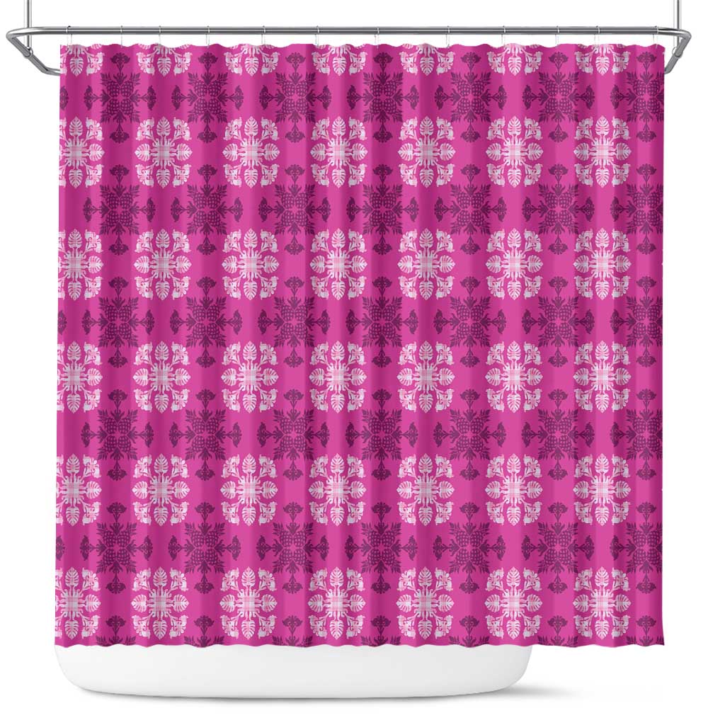 Pink Hawaiian Quilt Shower Curtain Hawaii Pineapple Monstera Palaka Motifs - Polynesian Pride