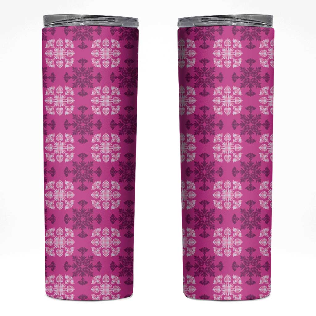 Pink Hawaiian Quilt Skinny Tumbler Hawaii Pineapple Monstera Palaka Motifs - Polynesian Pride
