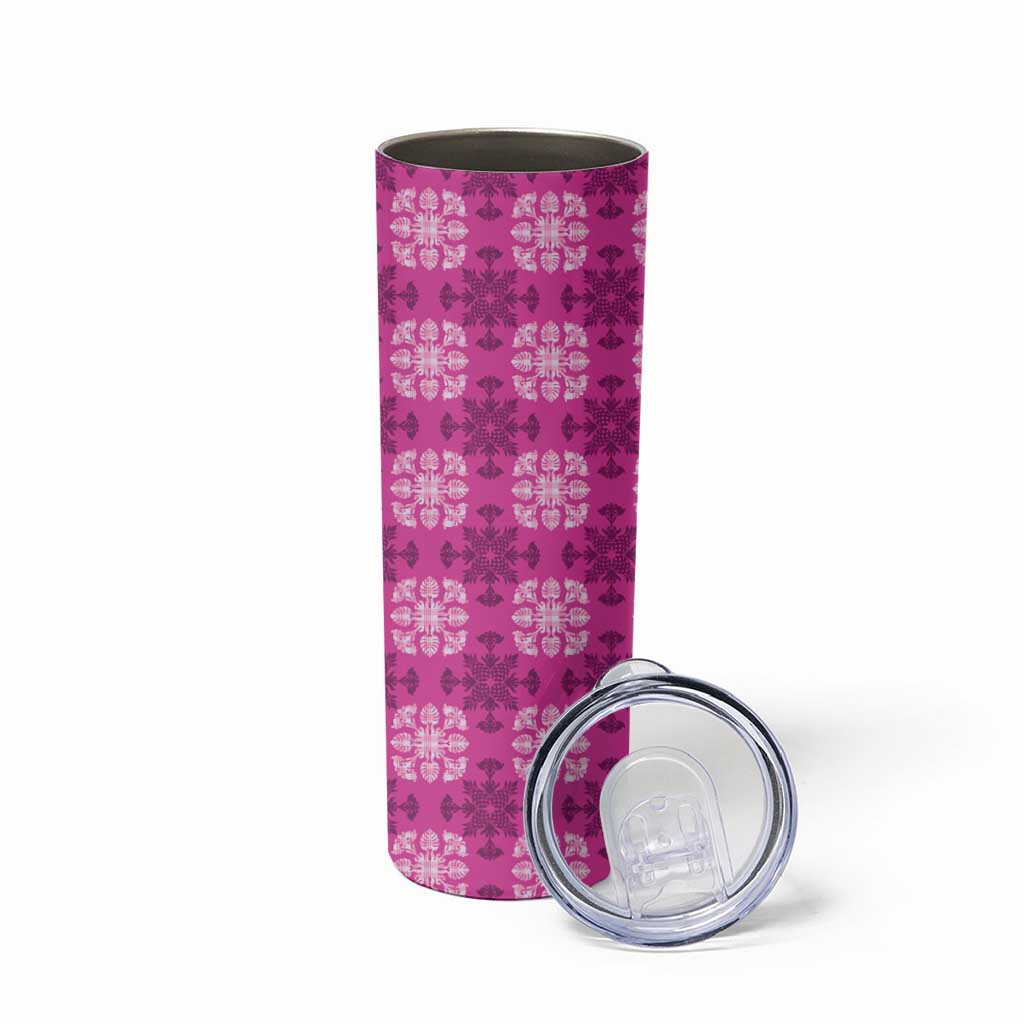 Pink Hawaiian Quilt Skinny Tumbler Hawaii Pineapple Monstera Palaka Motifs - Polynesian Pride