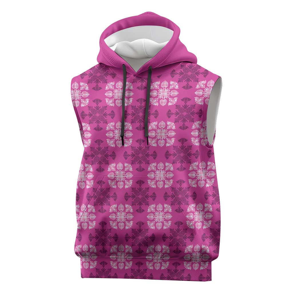 Pink Hawaiian Quilt Sleeveless Hoodie Hawaii Pineapple Monstera Palaka Motifs - Polynesian Pride