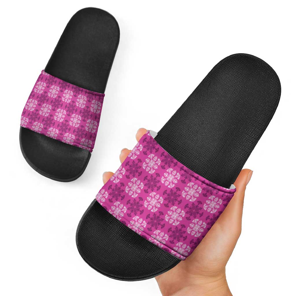 Pink Hawaiian Quilt Slide Sandals Hawaii Pineapple Monstera Palaka Motifs - Polynesian Pride