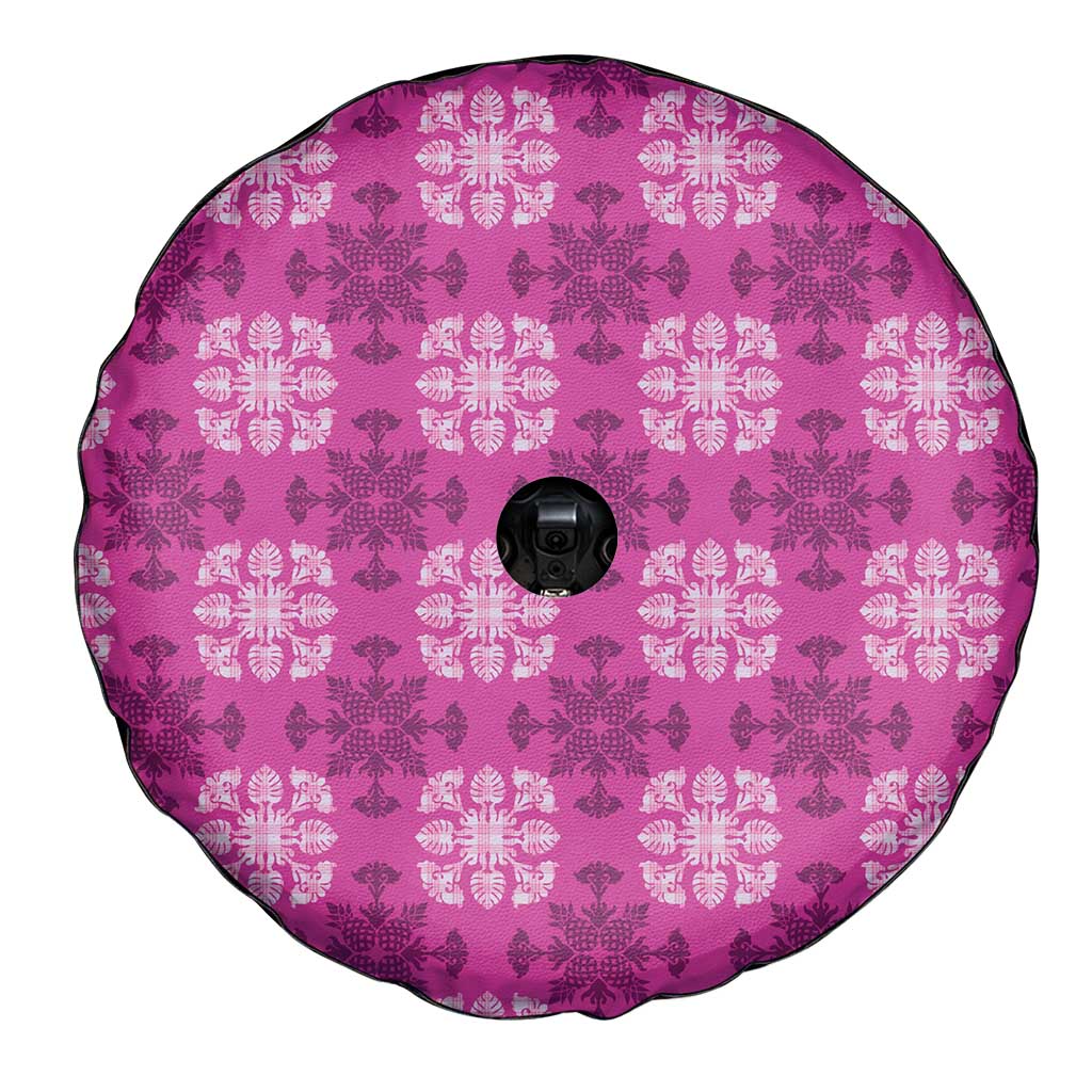Pink Hawaiian Quilt Spare Tire Cover Hawaii Pineapple Monstera Palaka Motifs - Polynesian Pride