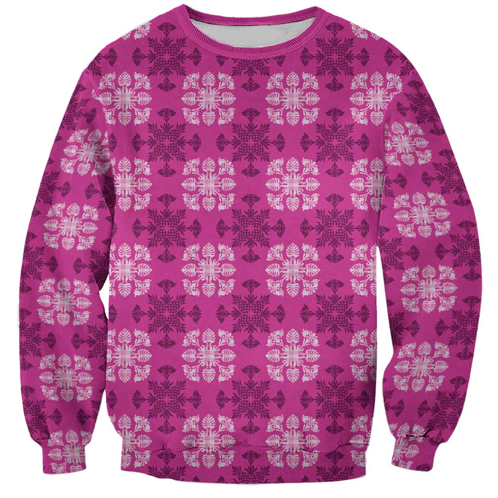 Pink Hawaiian Quilt Sweatshirt Hawaii Pineapple Monstera Palaka Motifs - Polynesian Pride