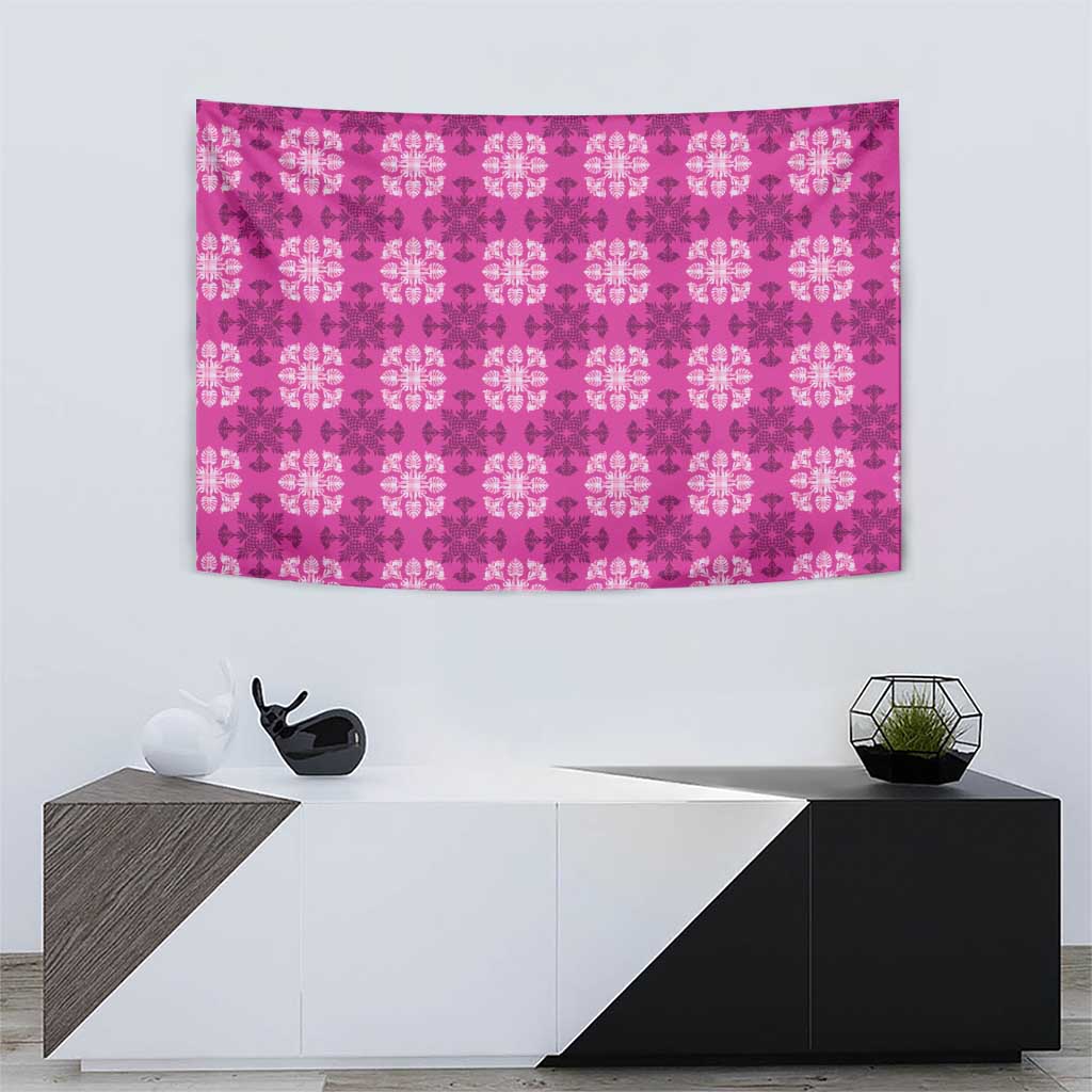 Pink Hawaiian Quilt Tapestry Hawaii Pineapple Monstera Palaka Motifs - Polynesian Pride