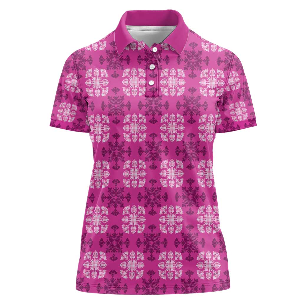 Pink Hawaiian Quilt Women Polo Shirt Hawaii Pineapple Monstera Palaka Motifs - Polynesian Pride