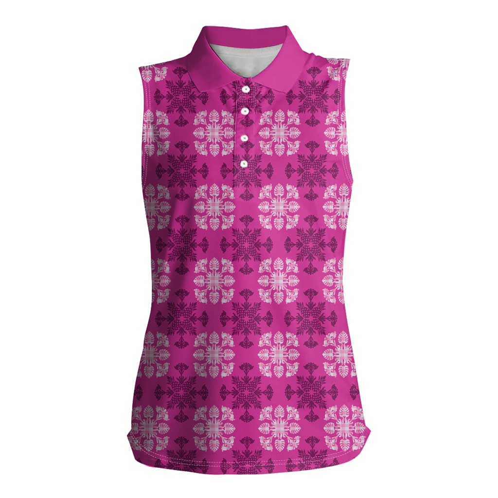 Pink Hawaiian Quilt Women Sleeveless Polo Shirt Hawaii Pineapple Monstera Palaka Motifs - Polynesian Pride