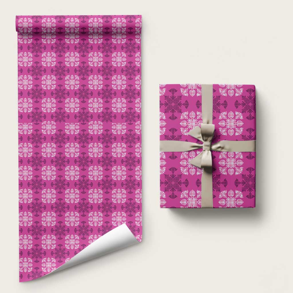 Pink Hawaiian Quilt Wrapping Paper Hawaii Pineapple Monstera Palaka Motifs LT14 58" × 23" Pink - Polynesian Pride
