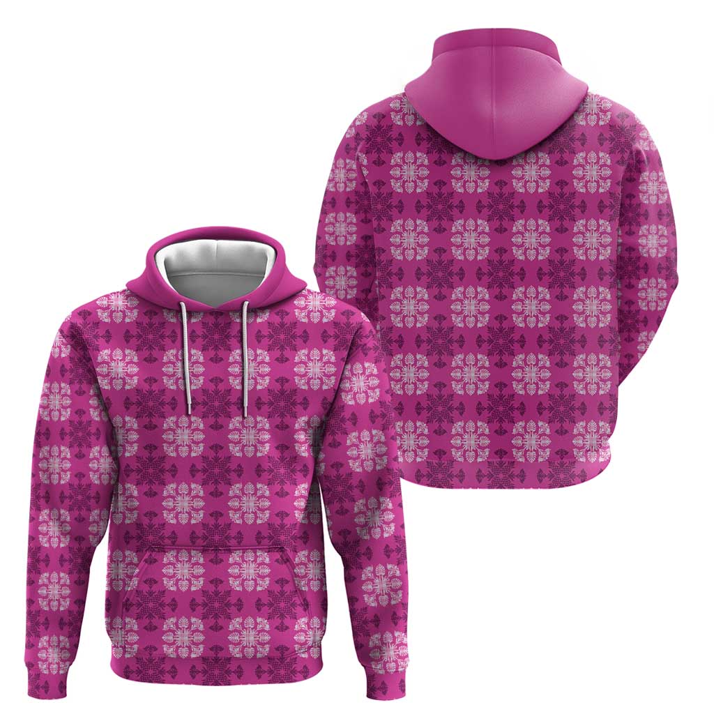 Pink Hawaiian Quilt Zip Hoodie Hawaii Pineapple Monstera Palaka Motifs - Polynesian Pride