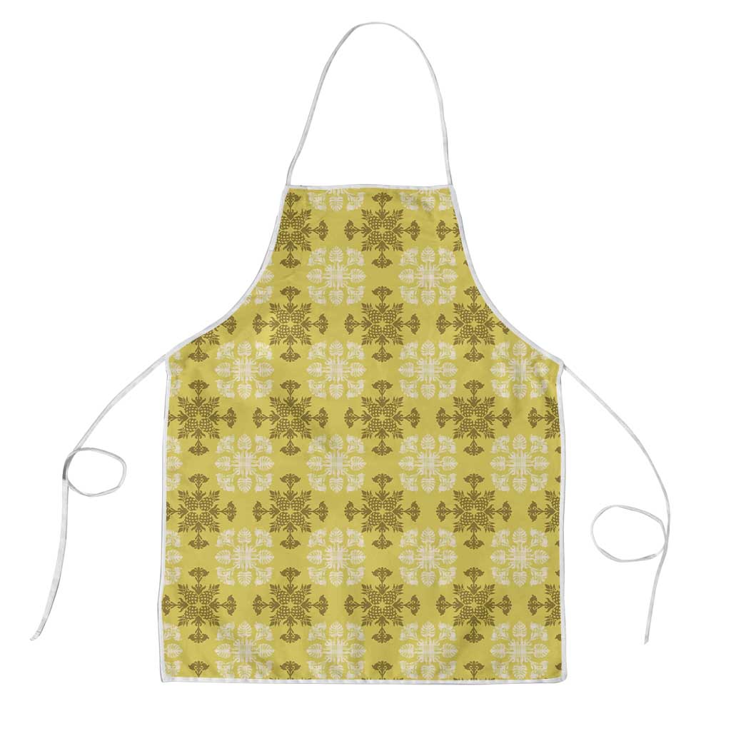 Yellow Hawaiian Quilt Apron Hawaii Pineapple Monstera Palaka Motifs - Polynesian Pride