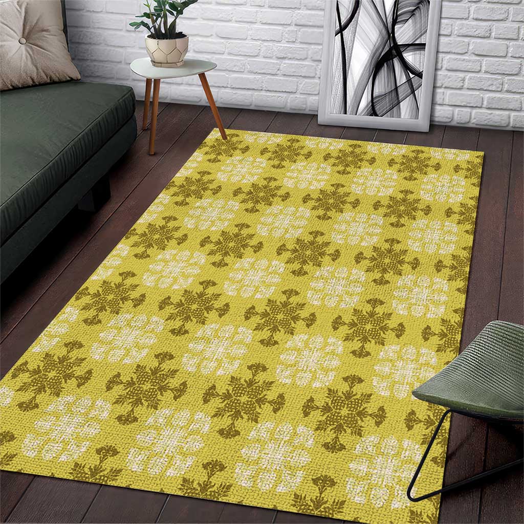 Yellow Hawaiian Quilt Area Rug Hawaii Pineapple Monstera Palaka Motifs - Polynesian Pride