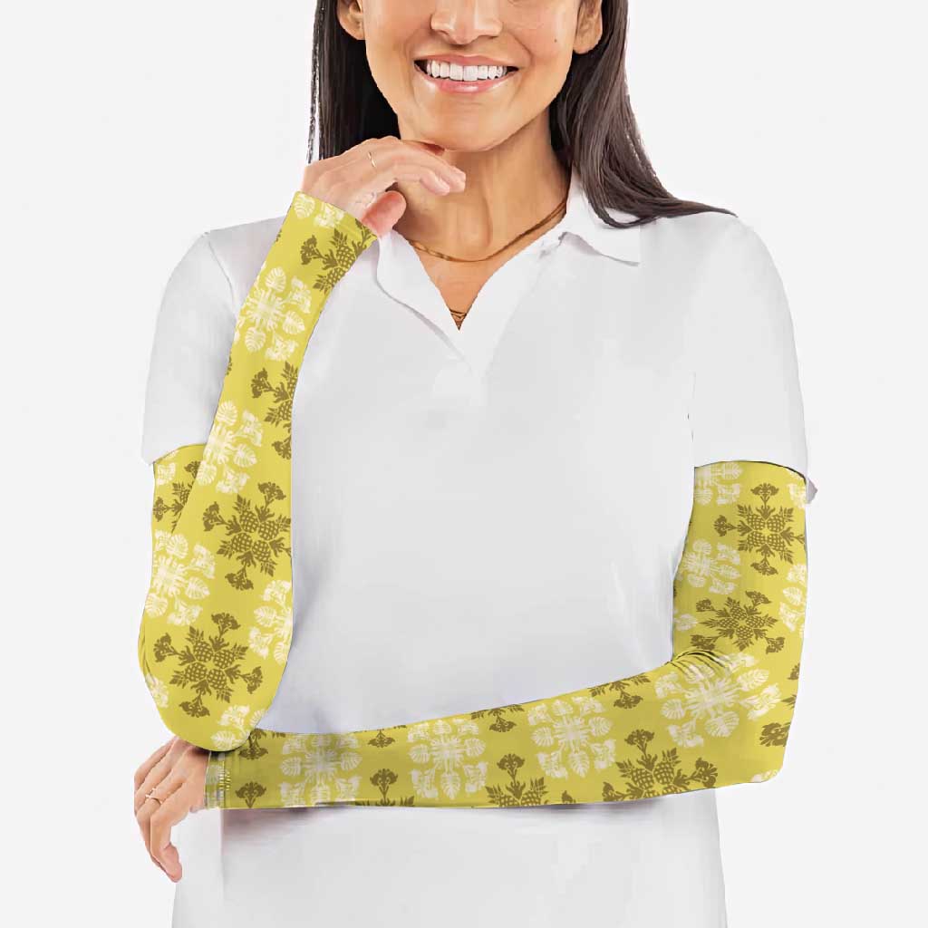 Yellow Hawaiian Quilt Arm Sleeves Hawaii Pineapple Monstera Palaka Motifs - Polynesian Pride