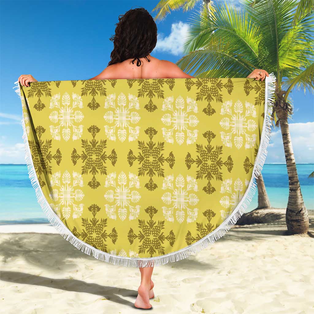 Yellow Hawaiian Quilt Beach Blanket Hawaii Pineapple Monstera Palaka Motifs - Polynesian Pride