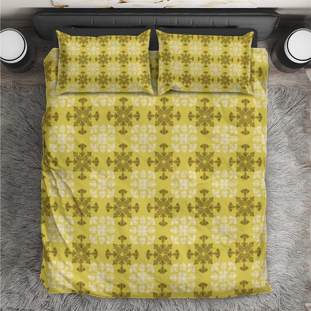 Yellow Hawaiian Quilt Bedding Set Hawaii Pineapple Monstera Palaka Motifs - Polynesian Pride