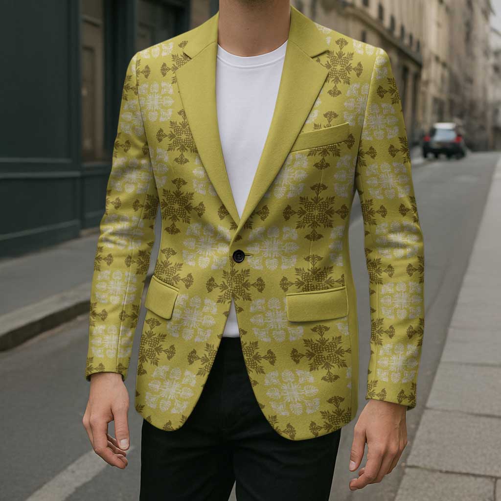 Yellow Hawaiian Quilt Blazer Hawaii Pineapple Monstera Palaka Motifs - Polynesian Pride