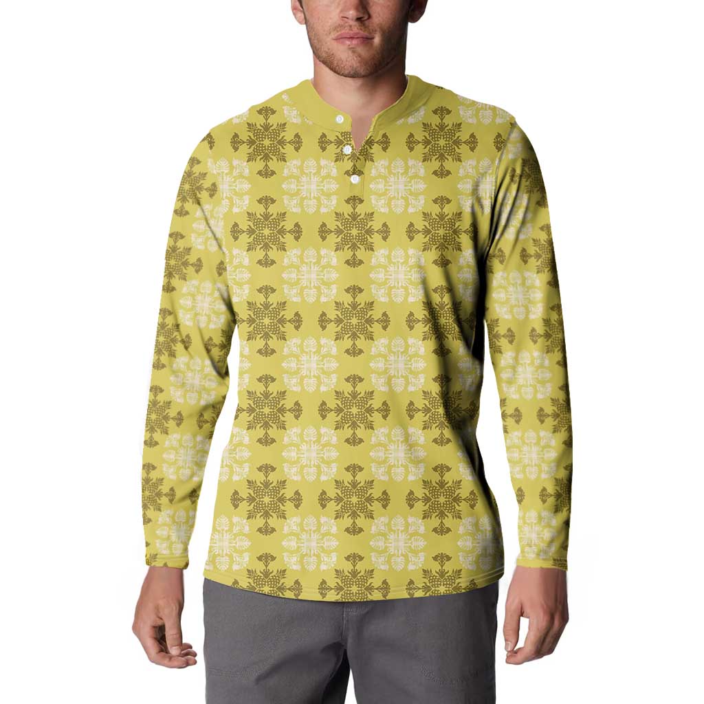Yellow Hawaiian Quilt Button Sweatshirt Hawaii Pineapple Monstera Palaka Motifs - Polynesian Pride