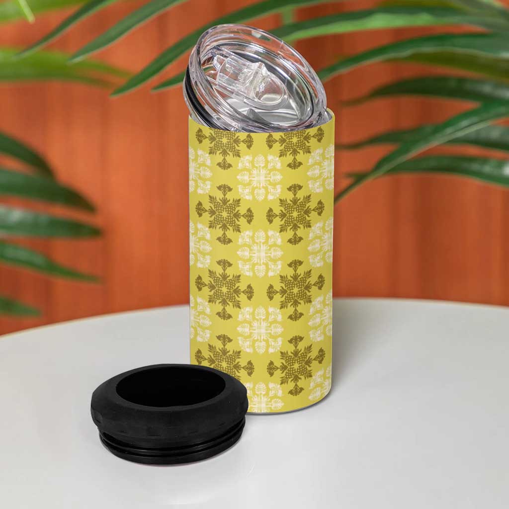 Yellow Hawaiian Quilt 4 in 1 Can Cooler Tumbler Hawaii Pineapple Monstera Palaka Motifs - Polynesian Pride