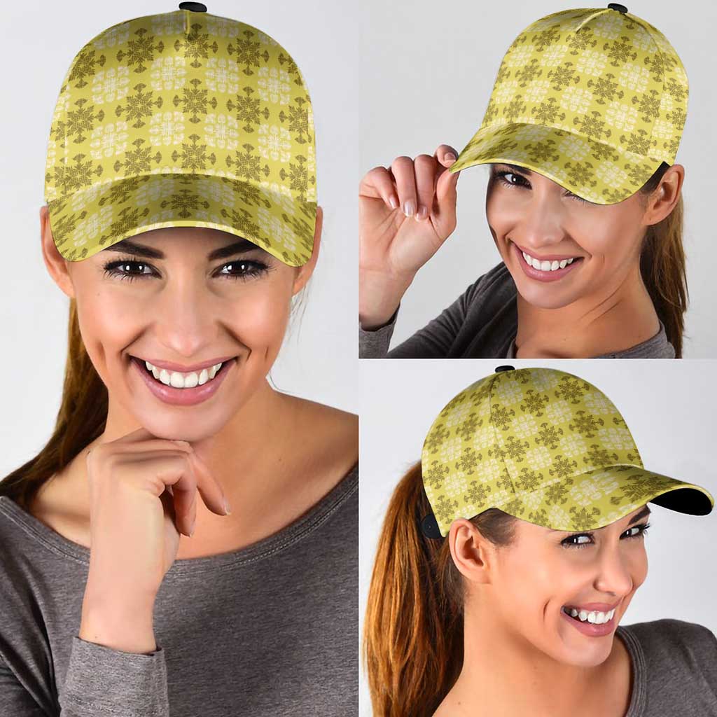 Yellow Hawaiian Quilt Classic Cap Hawaii Pineapple Monstera Palaka Motifs - Polynesian Pride