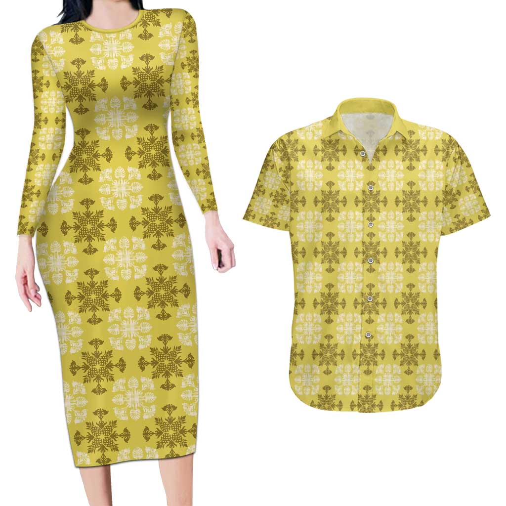 Yellow Hawaiian Quilt Couples Matching Long Sleeve Bodycon Dress and Hawaiian Shirt Hawaii Pineapple Monstera Palaka Motifs - Polynesian Pride