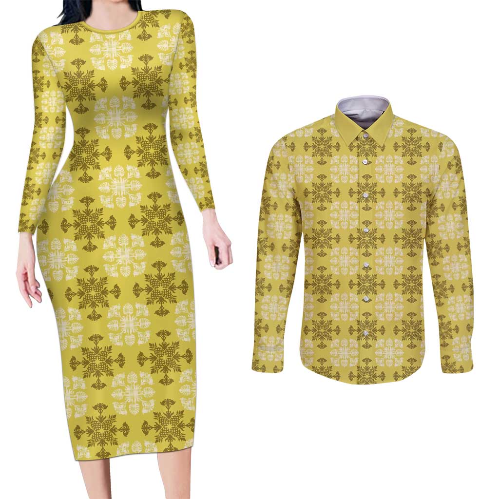 Yellow Hawaiian Quilt Couples Matching Long Sleeve Bodycon Dress and Long Sleeve Button Shirt Hawaii Pineapple Monstera Palaka Motifs - Polynesian Pride