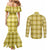 Yellow Hawaiian Quilt Couples Matching Mermaid Dress and Long Sleeve Button Shirt Hawaii Pineapple Monstera Palaka Motifs - Polynesian Pride