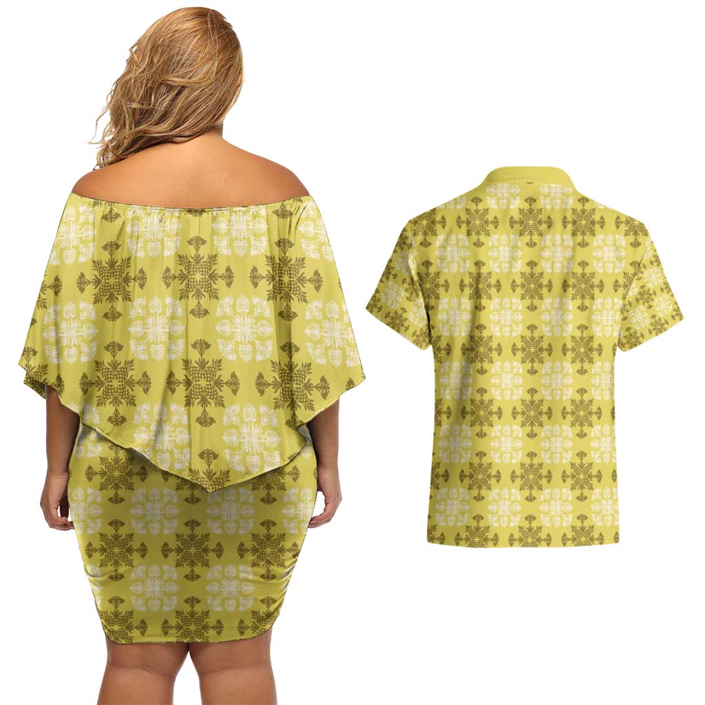Yellow Hawaiian Quilt Couples Matching Off Shoulder Short Dress and Hawaiian Shirt Hawaii Pineapple Monstera Palaka Motifs - Polynesian Pride